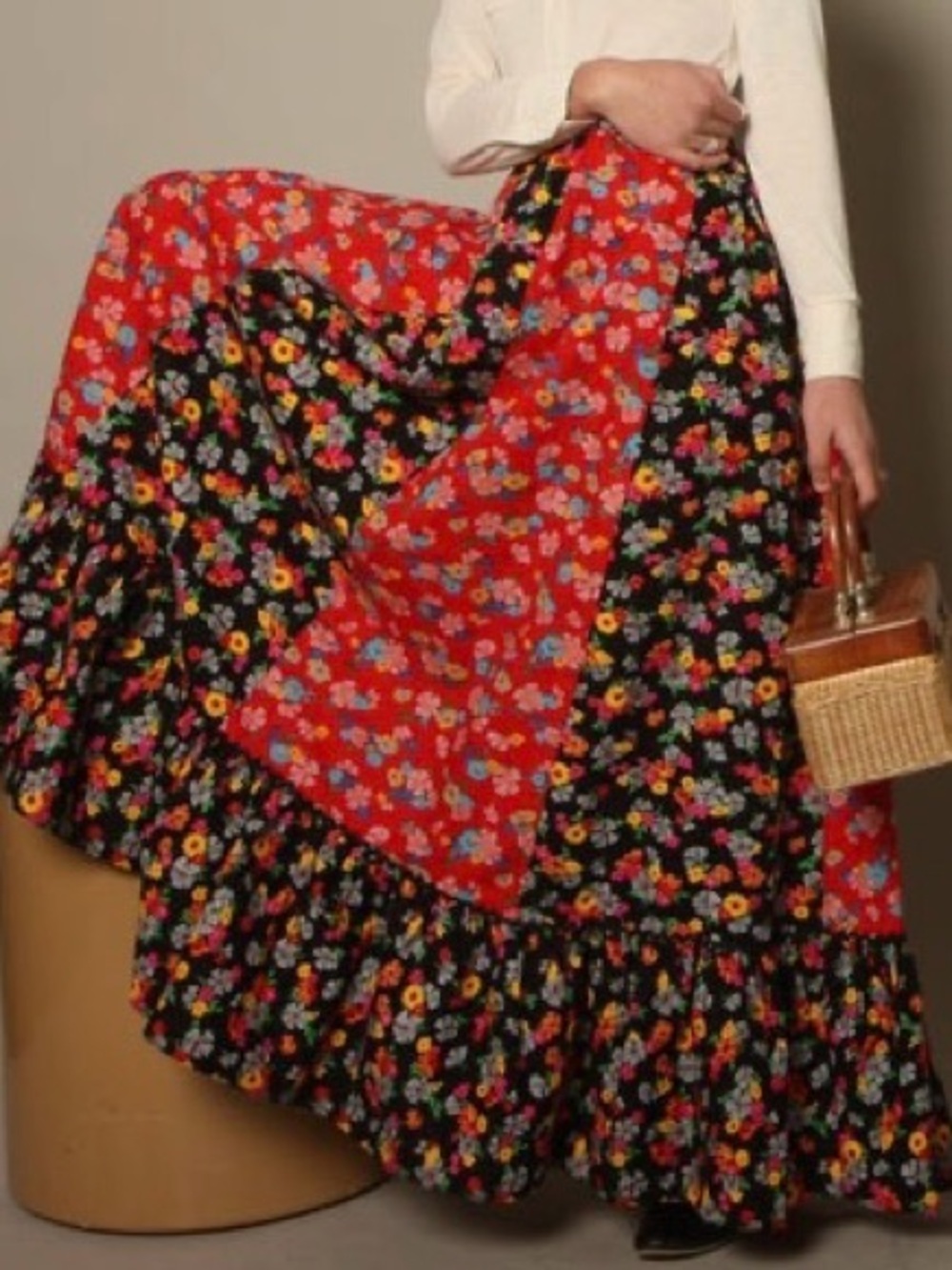 Vtg 70s Floral Panel Maxi Skirt in Red and Black